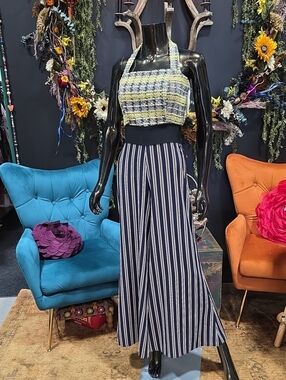Navy, Yellow and White Striped Jumpsuit with Accent Knit Bustier